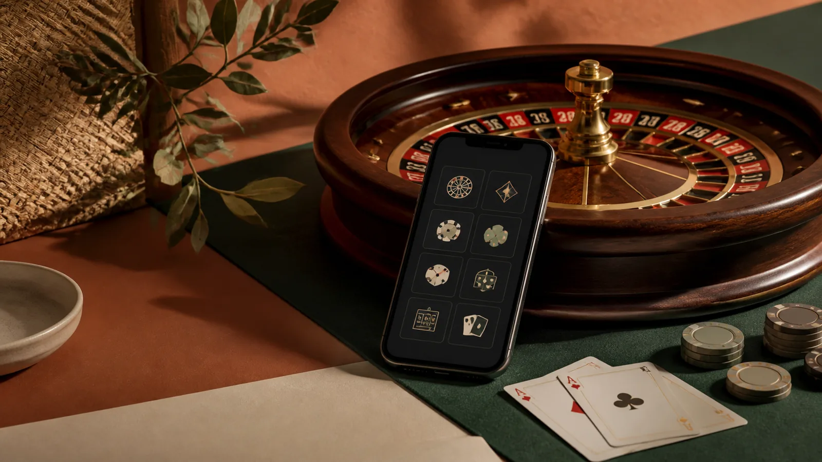 Roleta, cartas e celular em cenário editorial sobre o cassino associado à 67a
