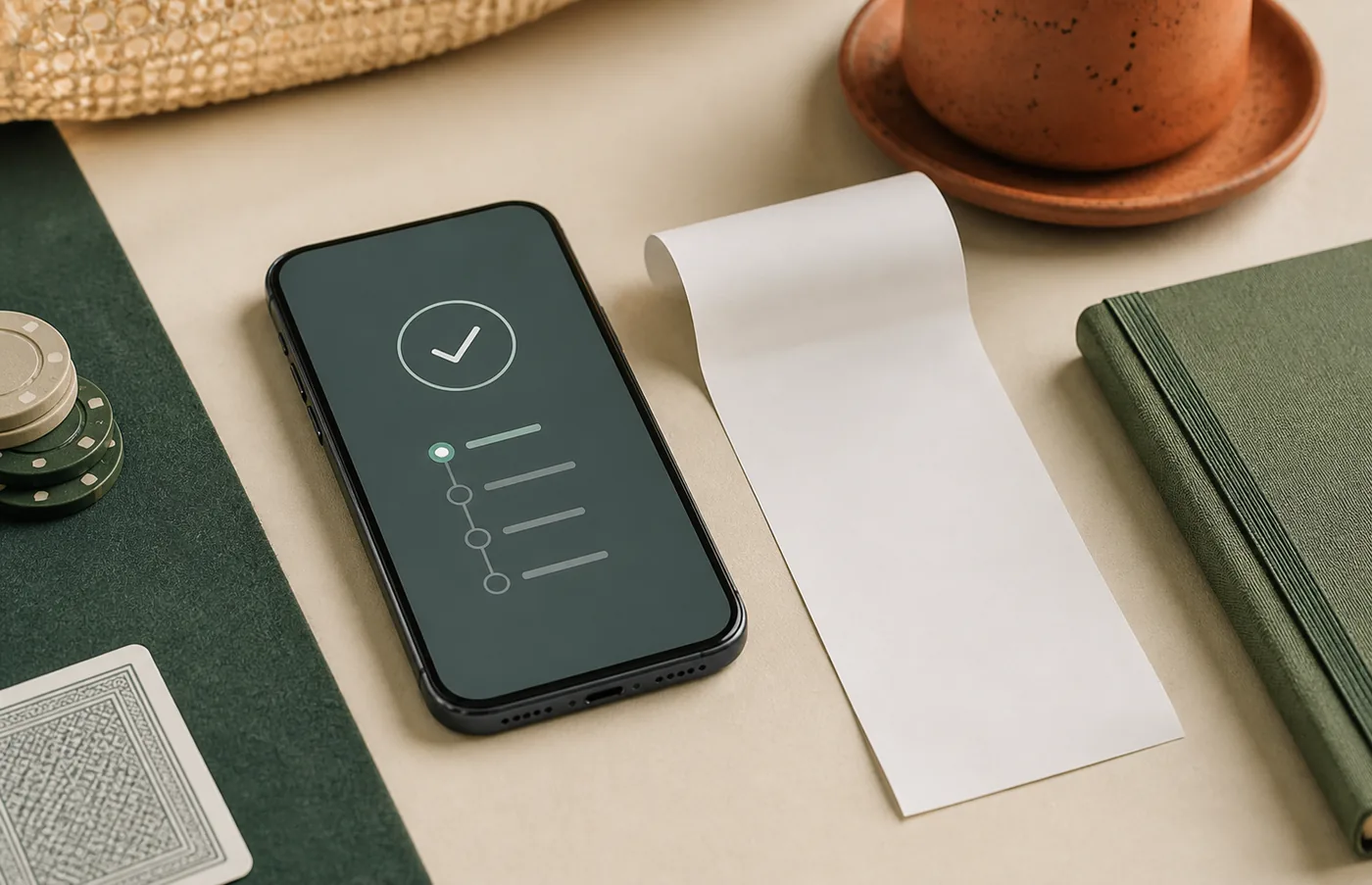 Celular e comprovante genérico ao lado de fichas para explicar pagamentos ligados à 67a
